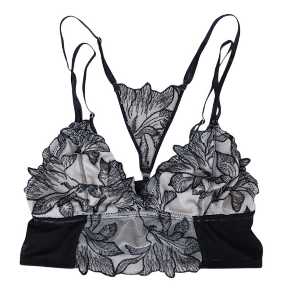 OUT FROM UNDER | Black Beige Sheer Floral Lace Overlay Bralette Top Racerback SP